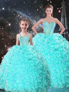 Super Turquoise Sweetheart Lace Up Beading and Ruffles Quince Ball Gowns Sleeveless