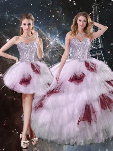 Modest Floor Length Lace Up Quinceanera Dress Multi-color for Military Ball and Sweet 16 and Quinceanera with Beading and Ruffled Layers and Sequins