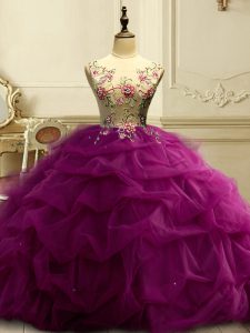 Scoop Sleeveless Organza Vestidos de Quinceanera Appliques and Ruffles and Sequins Lace Up