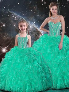 Fancy Floor Length Lace Up Sweet 16 Quinceanera Dress Turquoise for Sweet 16 and Quinceanera with Beading and Ruffles
