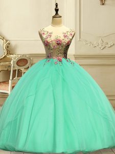 Fashion Floor Length Lace Up Ball Gown Prom Dress Apple Green for Military Ball and Sweet 16 and Quinceanera with Appliques