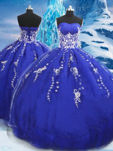 Blue Ball Gowns Organza Sweetheart Sleeveless Appliques Floor Length Lace Up Quinceanera Dresses