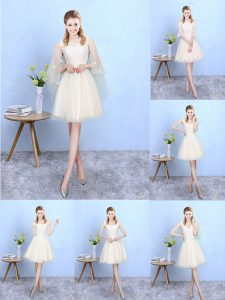 Fancy Champagne Empire Lace Bridesmaid Dress Lace Up Tulle Cap Sleeves Knee Length