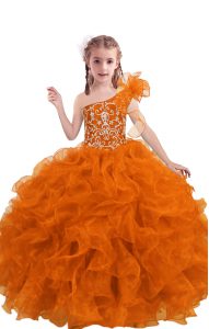 Fancy Orange Red Sleeveless Beading and Ruffles Floor Length Pageant Gowns For Girls