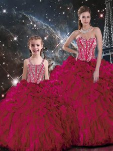 Superior Burgundy Sleeveless Organza Lace Up Sweet 16 Dresses for Military Ball and Sweet 16 and Quinceanera