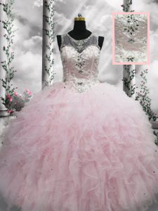 Shining Tulle Sleeveless Floor Length Quinceanera Gowns and Beading and Ruffles
