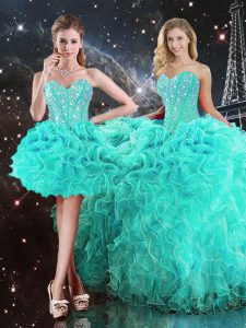 Super Turquoise Ball Gowns Sweetheart Sleeveless Organza Floor Length Lace Up Beading and Ruffles Quinceanera Dress