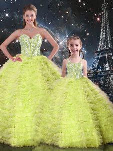 Best Selling Yellow Green Ball Gowns Beading and Ruffles Quinceanera Gowns Lace Up Tulle Sleeveless Floor Length