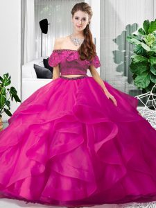 Colorful Hot Pink Off The Shoulder Lace Up Lace and Ruffles Quinceanera Dresses Sleeveless
