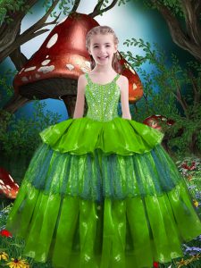 Ball Gowns Beading and Ruffled Layers Little Girl Pageant Dress Lace Up Organza Sleeveless Floor Length