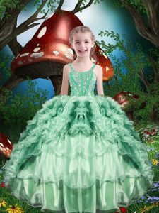 Apple Green Straps Neckline Beading and Ruffles and Ruffled Layers Little Girl Pageant Dress Sleeveless Lace Up