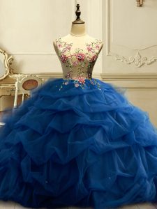 Navy Blue Ball Gowns Organza Scoop Sleeveless Appliques and Ruffles and Sequins Floor Length Lace Up Quince Ball Gowns