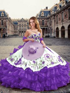 Floor Length Lace Up 15 Quinceanera Dress Lavender for Military Ball and Sweet 16 and Quinceanera with Embroidery and Ruffled Layers
