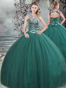 Scoop Sleeveless Sweet 16 Quinceanera Dress Floor Length Beading Dark Green Tulle
