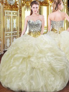 Fashion Light Yellow Ball Gowns Sweetheart Sleeveless Organza Floor Length Lace Up Beading and Ruffles Quinceanera Gowns