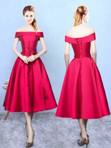 Free and Easy Wine Red Cap Sleeves Appliques Tea Length Dama Dress for Quinceanera