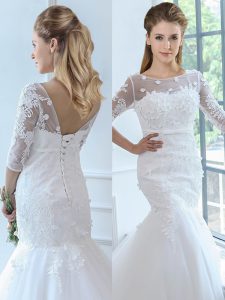 High Class Scoop Half Sleeves Wedding Dresses Brush Train Lace White Tulle