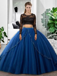 Lace and Ruching 15th Birthday Dress Blue Backless Long Sleeves Floor Length