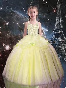 Admirable Light Yellow Straps Lace Up Beading Little Girl Pageant Gowns Sleeveless