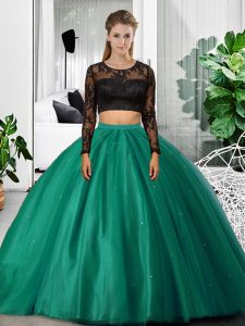 Glorious Dark Green Scoop Neckline Lace and Ruching 15th Birthday Dress Long Sleeves Backless