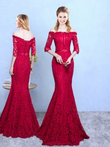 Floor Length Mermaid Half Sleeves Wine Red Dama Dress for Quinceanera Lace Up