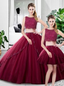 On Sale Fuchsia Three Pieces Scoop Sleeveless Tulle Floor Length Zipper Lace and Ruching Quinceanera Dress