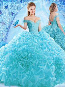 Top Selling Aqua Blue Lace Up Ball Gown Prom Dress Ruffles and Pick Ups Cap Sleeves Brush Train
