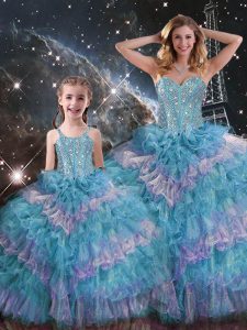 Classical Multi-color Sweet 16 Quinceanera Dress Military Ball and Sweet 16 and Quinceanera with Beading and Ruffled Layers Sweetheart Sleeveless Lace Up