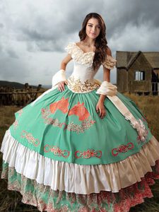 Fashion Multi-color Off The Shoulder Lace Up Embroidery and Ruffled Layers Sweet 16 Dresses Brush Train Sleeveless