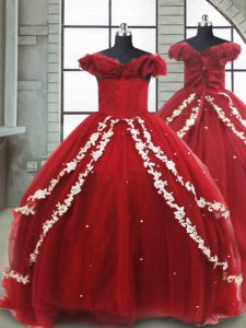 Shining Wine Red Off The Shoulder Lace Up Appliques Flower Girl Dresses Brush Train Sleeveless