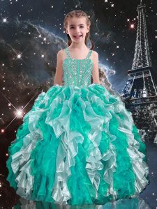 Turquoise Ball Gowns Beading and Ruffles Girls Pageant Dresses Lace Up Organza Sleeveless Floor Length