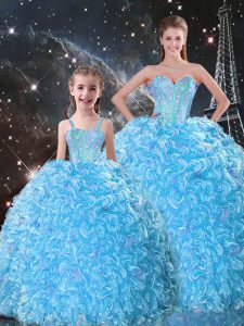 Graceful Floor Length Baby Blue 15th Birthday Dress Organza Sleeveless Beading and Ruffles