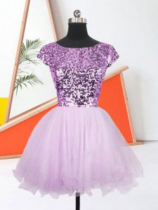Unique Lilac Organza Lace Up Bateau Sleeveless Mini Length Evening Dress Sequins