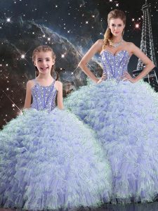 Unique Sleeveless Floor Length Beading and Ruffles Lace Up Quinceanera Gown with Lavender