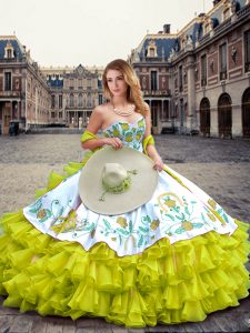 Colorful Sweetheart Sleeveless Quinceanera Gown Floor Length Embroidery and Ruffled Layers Yellow Green Organza and Taffeta