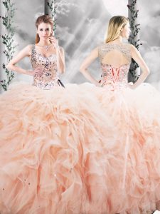 Excellent Sleeveless Floor Length Beading and Ruffles Lace Up 15th Birthday Dress with Peach