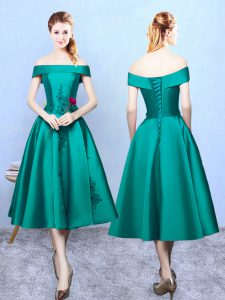 Low Price Dark Green Lace Up Bridesmaid Gown Appliques Sleeveless Tea Length