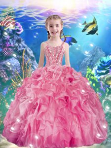 Adorable Ball Gowns Kids Formal Wear Rose Pink Straps Organza Sleeveless Floor Length Lace Up