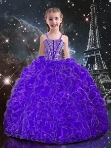 Sleeveless Organza Floor Length Lace Up Kids Formal Wear in Eggplant Purple with Beading and Ruffles