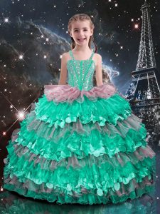 Sleeveless Lace Up Floor Length Beading and Ruffled Layers Little Girl Pageant Gowns