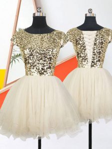 Champagne Prom Party Dress Military Ball and Sweet 16 and Quinceanera with Sequins Scoop Short Sleeves Lace Up