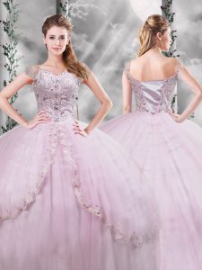 Fitting Lilac Ball Gowns Beading and Appliques Sweet 16 Dress Side Zipper Tulle Cap Sleeves