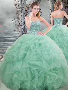 Classical Floor Length Apple Green Quinceanera Gown Organza Sleeveless Beading and Ruffles