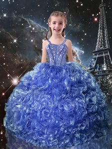New Arrival Blue Lace Up Straps Beading and Ruffles Little Girl Pageant Gowns Organza Sleeveless