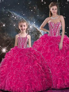 Hot Pink Ball Gowns Organza Sweetheart Sleeveless Beading and Ruffles Floor Length Lace Up Vestidos de Quinceanera