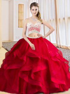 Decent Sleeveless Tulle Floor Length Criss Cross Quince Ball Gowns in Red with Beading and Ruffles