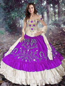 Fashion Eggplant Purple Off The Shoulder Neckline Embroidery and Ruffled Layers Quince Ball Gowns Sleeveless Lace Up