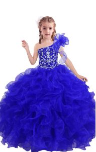 Sleeveless Organza Floor Length Lace Up Kids Pageant Dress in Royal Blue with Beading and Ruffles