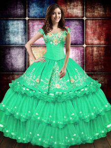 Beautiful Turquoise Taffeta Lace Up Vestidos de Quinceanera Sleeveless Floor Length Embroidery and Ruffled Layers