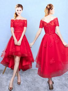 High Low Lace Up Court Dresses for Sweet 16 Wine Red for Prom and Party with Appliques